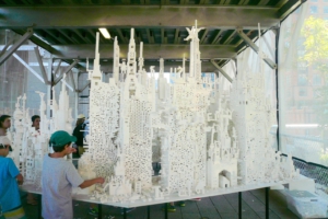 Visitors of the High Line Park build an imaginary city with Legos